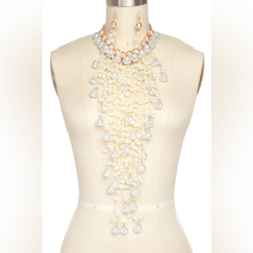 Floating Beads Statement Necklace in Cream and Gold